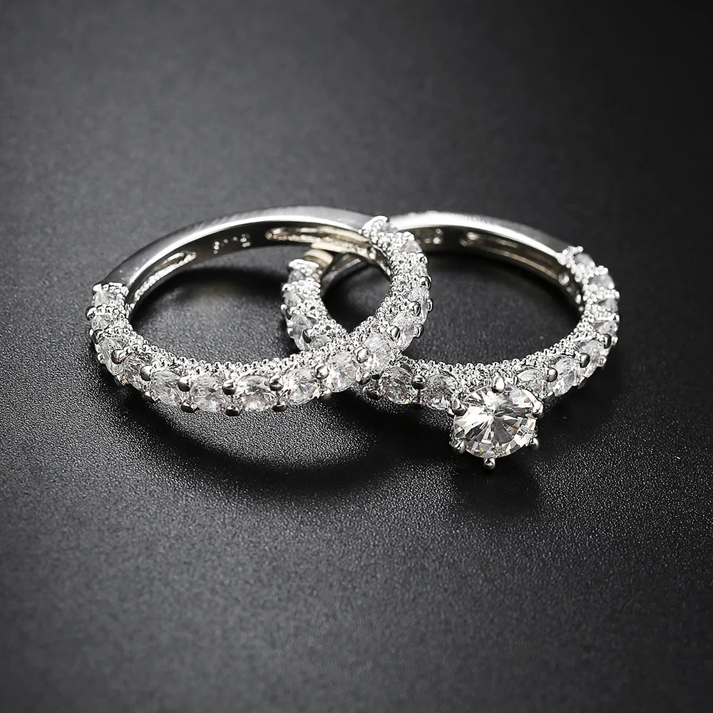 

2021 New Fashion Luxury Two Ring Set For Women Trendy Zircon Rings Female Jewelry Wedding Engagement Party Gifts 2Pcs/set