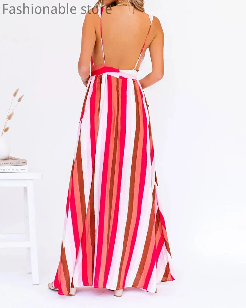 

Sexy Spaghetti Deep V Striped Print Dress Women Casual Loose Big Swing A-Line Dress with Sashes