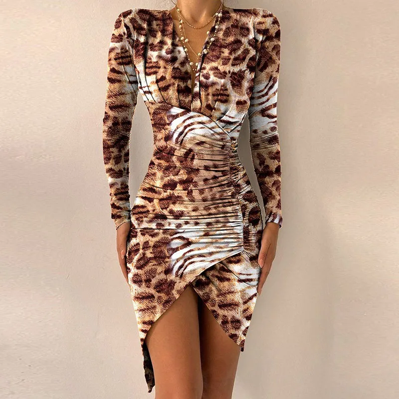 

Sexy Women Dress Autumn Fashion Deep V Neck Long-sleeved Lrregular Ladies Slim Dress Vintage Leopard Print Elegant Party Dresses