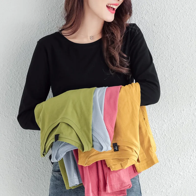 

2021 Long Sleeve Women T Shirt Ladies Fashion Street T Shirt Tops Pullover Solid Color Casual T-Shirt Female Slim Simple Tops