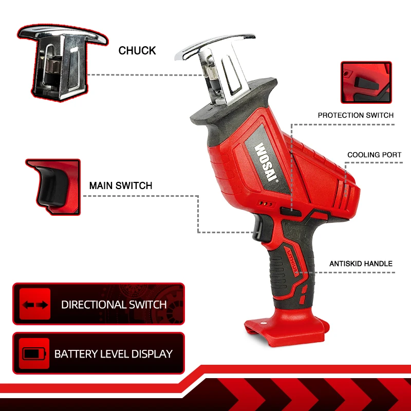WOSAI 20V Беспроводная электрическая сабельная пила с переменной скоростью для