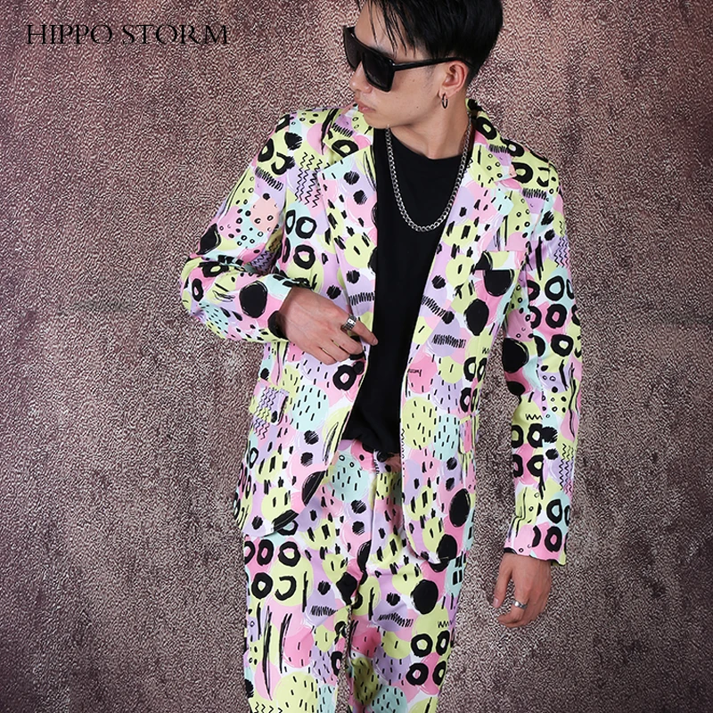 

Big Size M-6XL New Men Print graffiti Multicolor suit stage visual big-name style suit jacket trendy male hairdresser Set