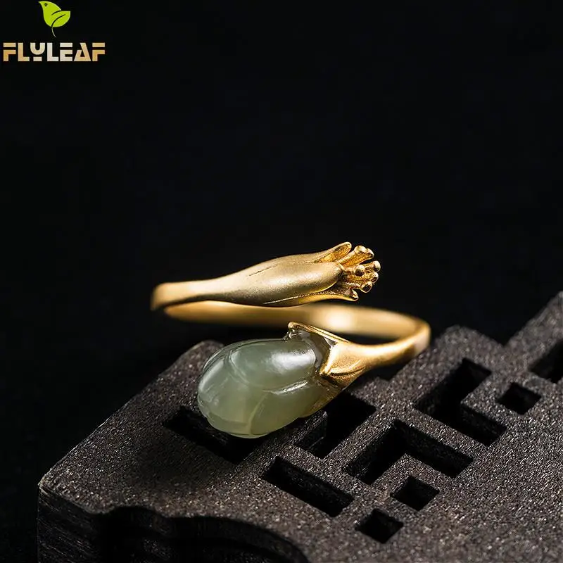 

Flyleaf Real 925 Sterling Silver Gold Green Jade Magnolia Flower Open Rings For Women Luxury Chinese Palace Handmade Jewelry