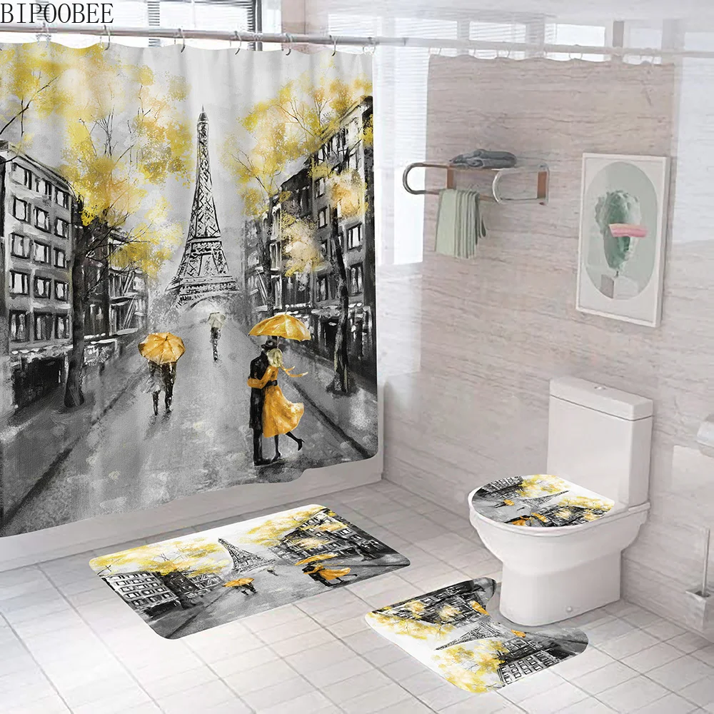

Eiffel Tower Art Oil Painting Bathroom Curtains Umbrella Lover Fabric Shower Curtain Non-Slip Rug Toilet Lid Cover Bath Mats