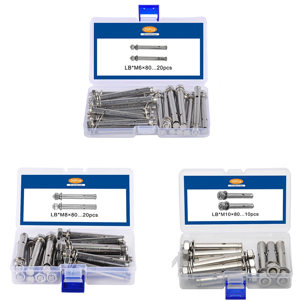 

10-20PCS/Box M6/M8/M10x80 Expansion Screw 304 Stainless Steel Expansion Bolt For Subway Home Decoration Fasteners Assortment Kit
