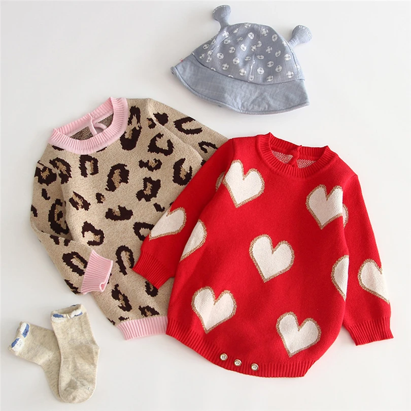 

Newborns Knitted Bodysuit Baby Girls Boys Leopard Love Heart Warm Sweater Fashion Winter Long Sleeve Toddler Jumpsuit 3M-3T A20