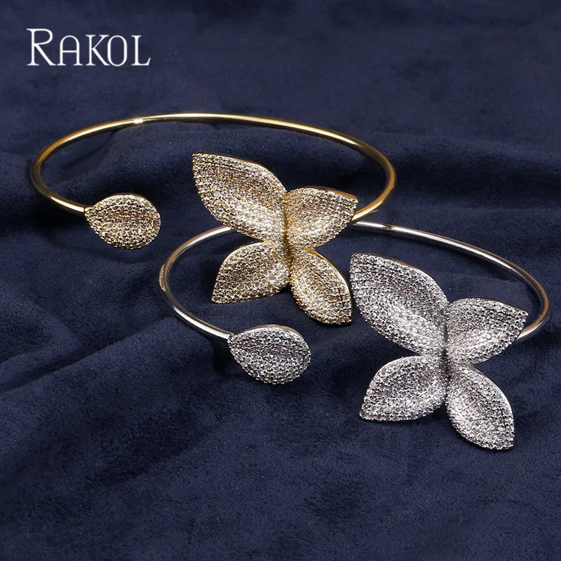 RAKOL New Fasjopm Butterfly Shaped Cubic Zirconia Big Flower Bracelet&ampBangle For Women Wedding White Gold Color Bridal Jewelry |