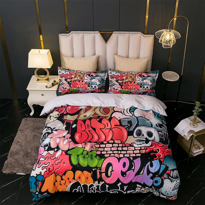 

Trippy Bedding Set for Teens Boys Colorful Graffiti Comforter Cover Set Rock Music Sports Duvet Cover Kids Hip Hop Art Quilt
