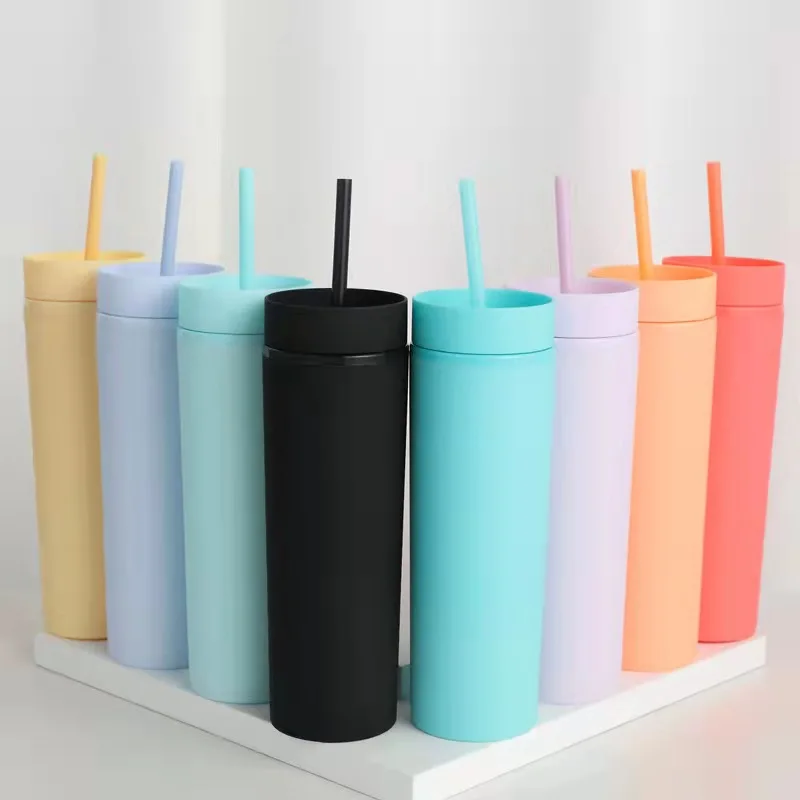 

Hot Sale 16oz Acrylic Slim Skinny Tumbler Colorful Matte Water Bottle With Lid Straw Double Wall For New Year Party Gifts