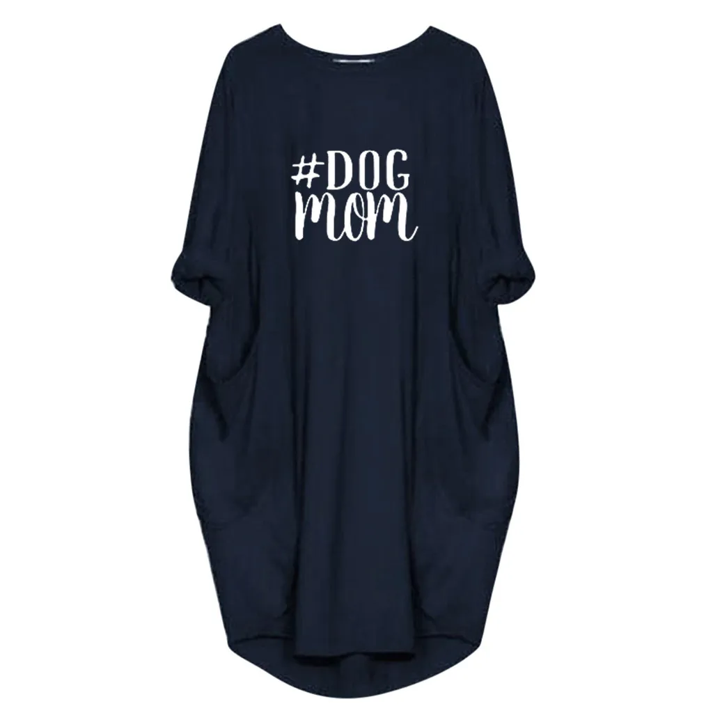 Синий Летнее платье из хлопка и льна, Женская туника, Топ с длинным рукавом, Женский винтажный Повседневный Сарафан, с принтом собаки, мамы, букв, шикарные платья, Vestidos S-5XL - Цвет: Синий