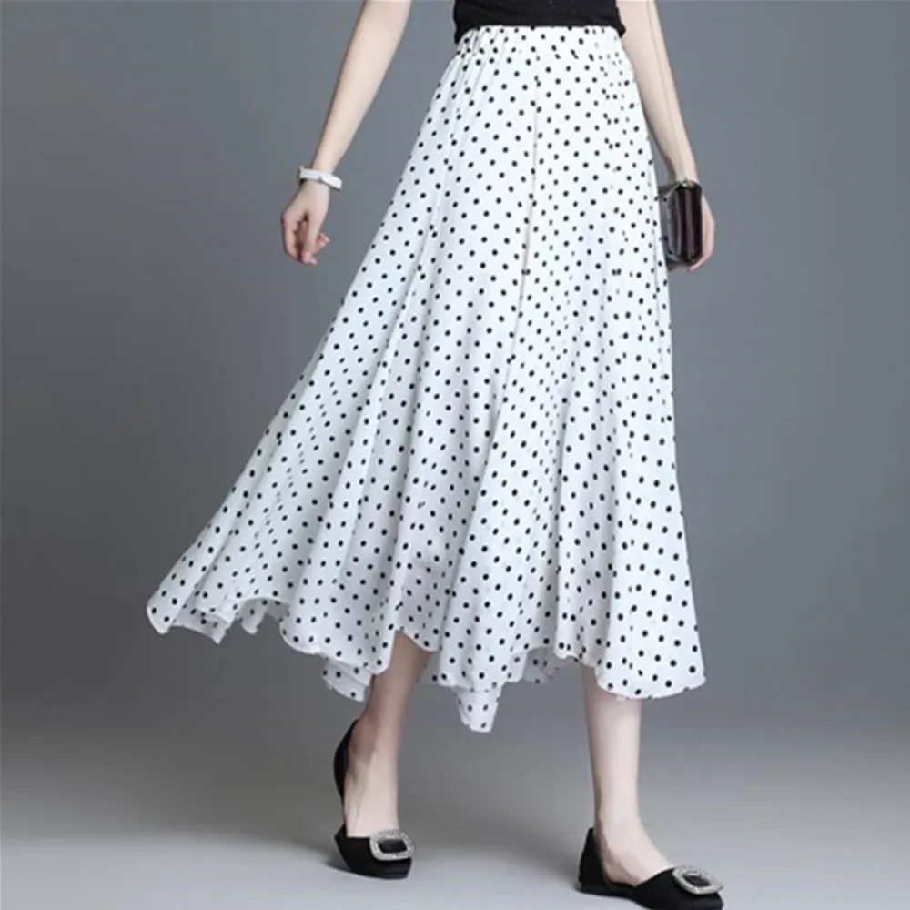 

Skirts Women Mid-Calf Elegant Korean Skirt Retros Summer Loose High Waist A-line Polka Dot Chiffon Skirts Long Faldas