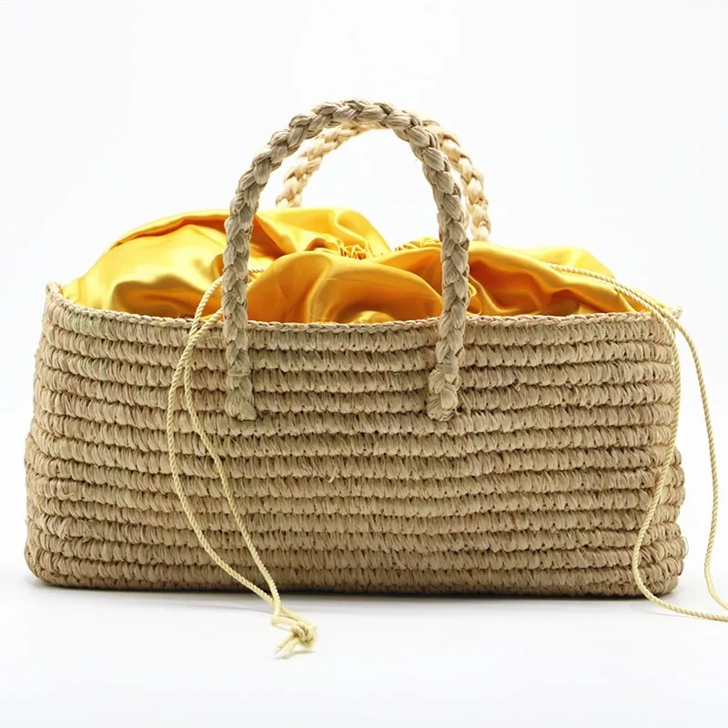 

Raffia New Straw Bag Shoulder Woven Totes Women's Handbag Solid Color Lining Satchels Holiday Beach Women Bags Designer