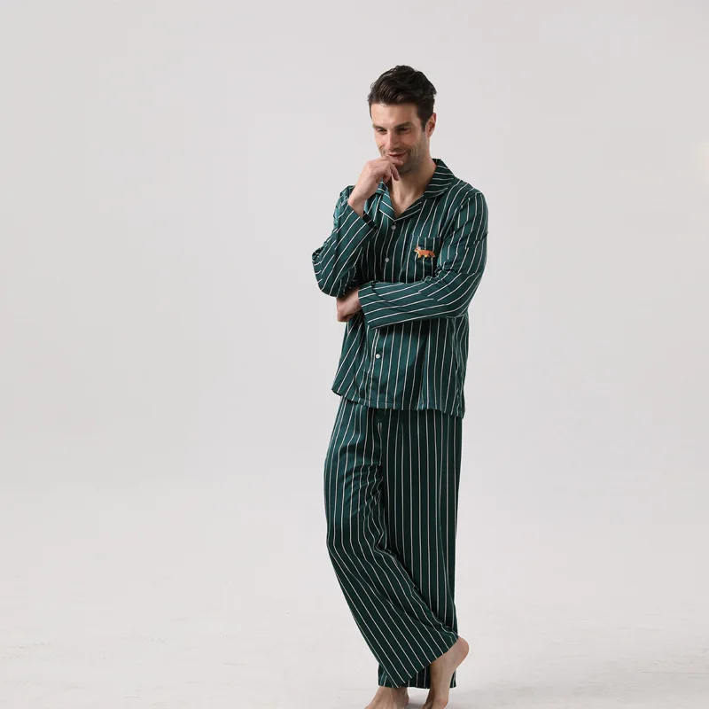 

New Summer Couple Silk Pajamas Simple Long-sleeved Trousers Set Lapel Pocket Embroidery Comfortable Suit Stripe Home Service