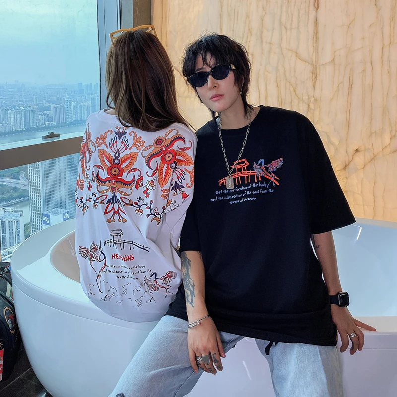 

Chinese Style Crane Sakura Print Short Sleeve T Shirts Fashion Couple Tops Tees Men Women Casual Loose 100% Cotton Loose Tshirts