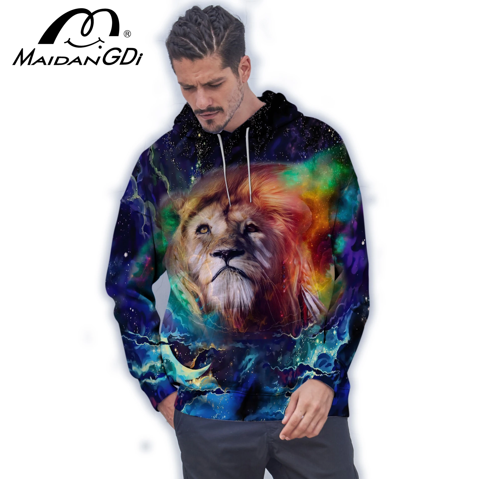 

Мужская толстовка с капюшоном Maidangdi 2020, Зимний пуловер для улицы и помещений, модный мужской свитшот с 3d-цифровым принтом льва, большой разме...