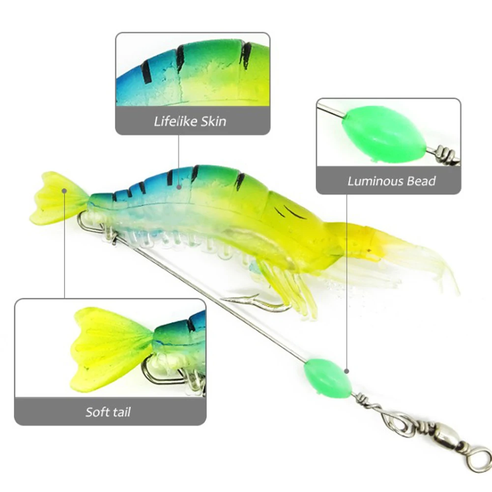7Pcs/Lot 8cm 5g Luminous Shrimp Silicon Soft Artificial Bait With Hooks Swivels Tackle Shrimp Lure Carp Fishing