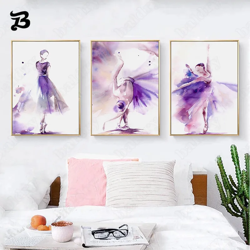 

Canvas Painting Purple Watercolour Beautiful Dancing Girl Nordic Abstract Posters Prints Decorative Pictures Living Room Decor