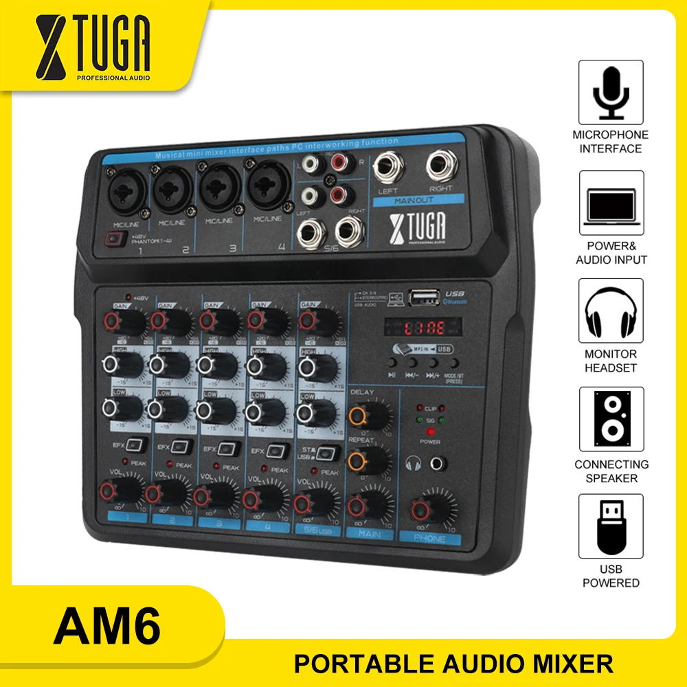 6 канальный мини микшер XTUGA AM6 DJ консоль со звуковой картой Bluetooth USB 48 В фантомное