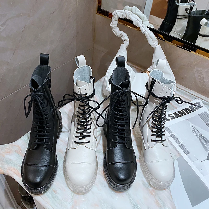 

2020 Fashion Women Zipper Martin Boots 6cm High Heel Platform PU Leather Boots Lace Up White Black Military Botas Cowgirl Boots