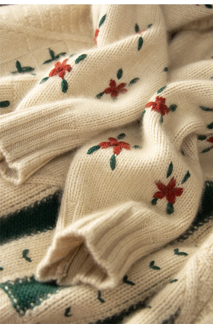 

Women Goat Cashmere Embroidery Sweater Handmade Embroidery Flower 560g Loose Cashmere Female Sweater New