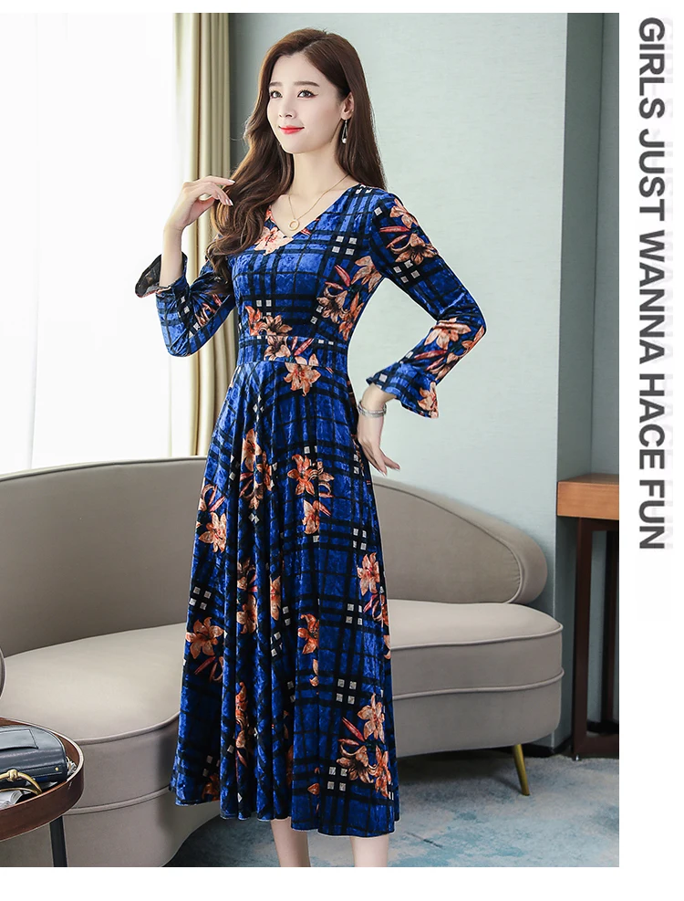 Vintage Floral Velvet Maxi Dresses Autumn Winter 3XL Plus Size Long Sleeve Midi Dress Elegant Women Bodycon Party Vestidos