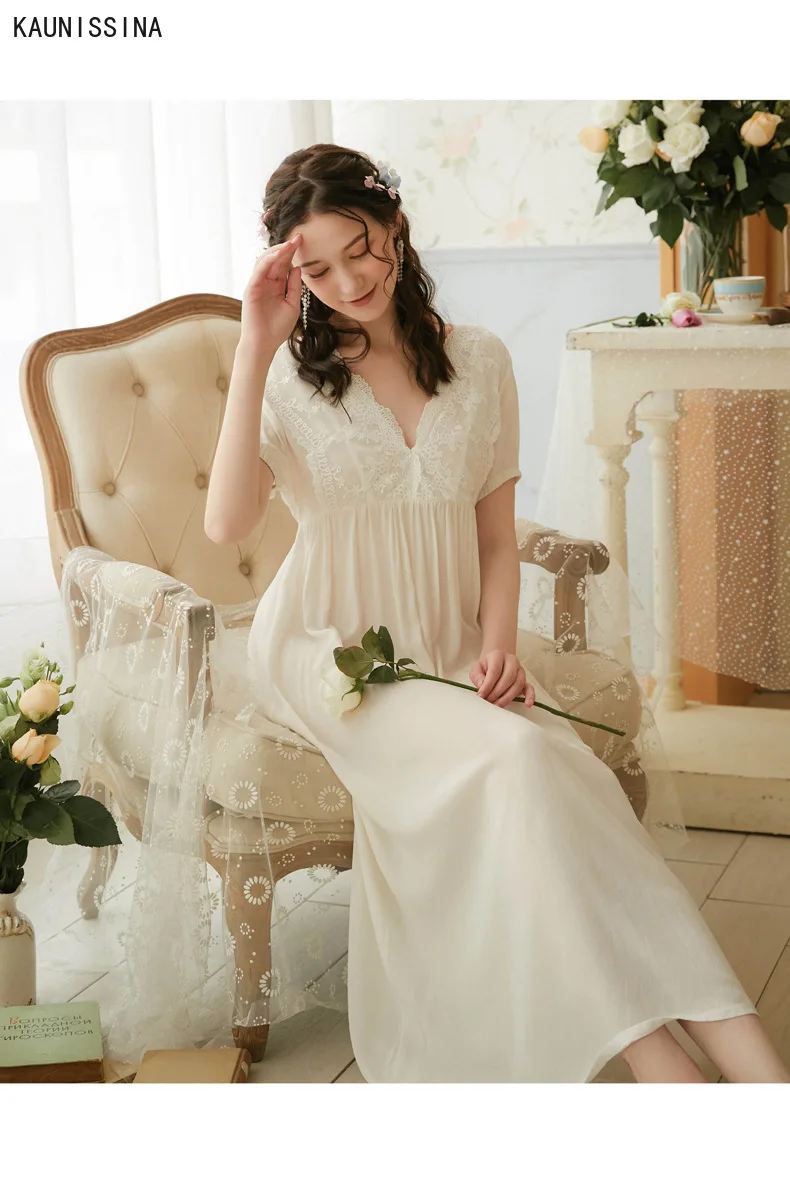 

Nightgown Spring Summer Sleepwear Dress Women 100% Cotton Nightdress V-Neck Short Sleeve Lace Princess Nightgown Long Nightwear