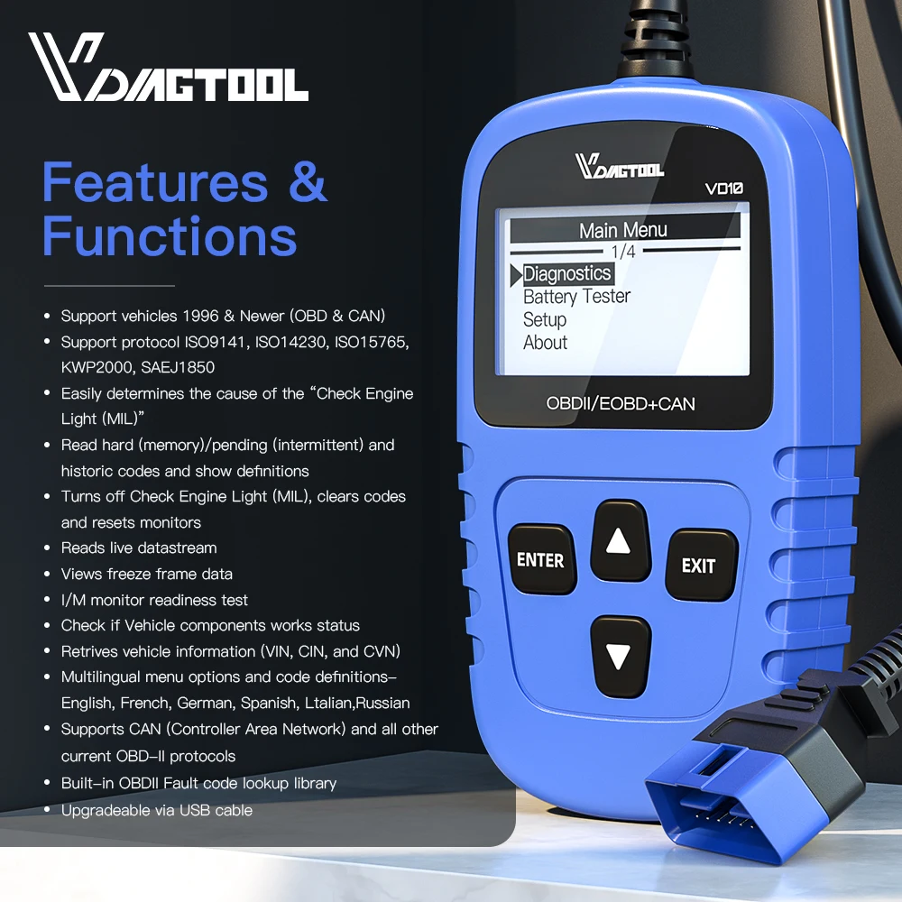 

VDIAGTOOL VD10 OBDII/OBD2 Code Reader Scanner EOBD Auto Diagnostic Tool Read Fault Code With Multi-language Car Scanner