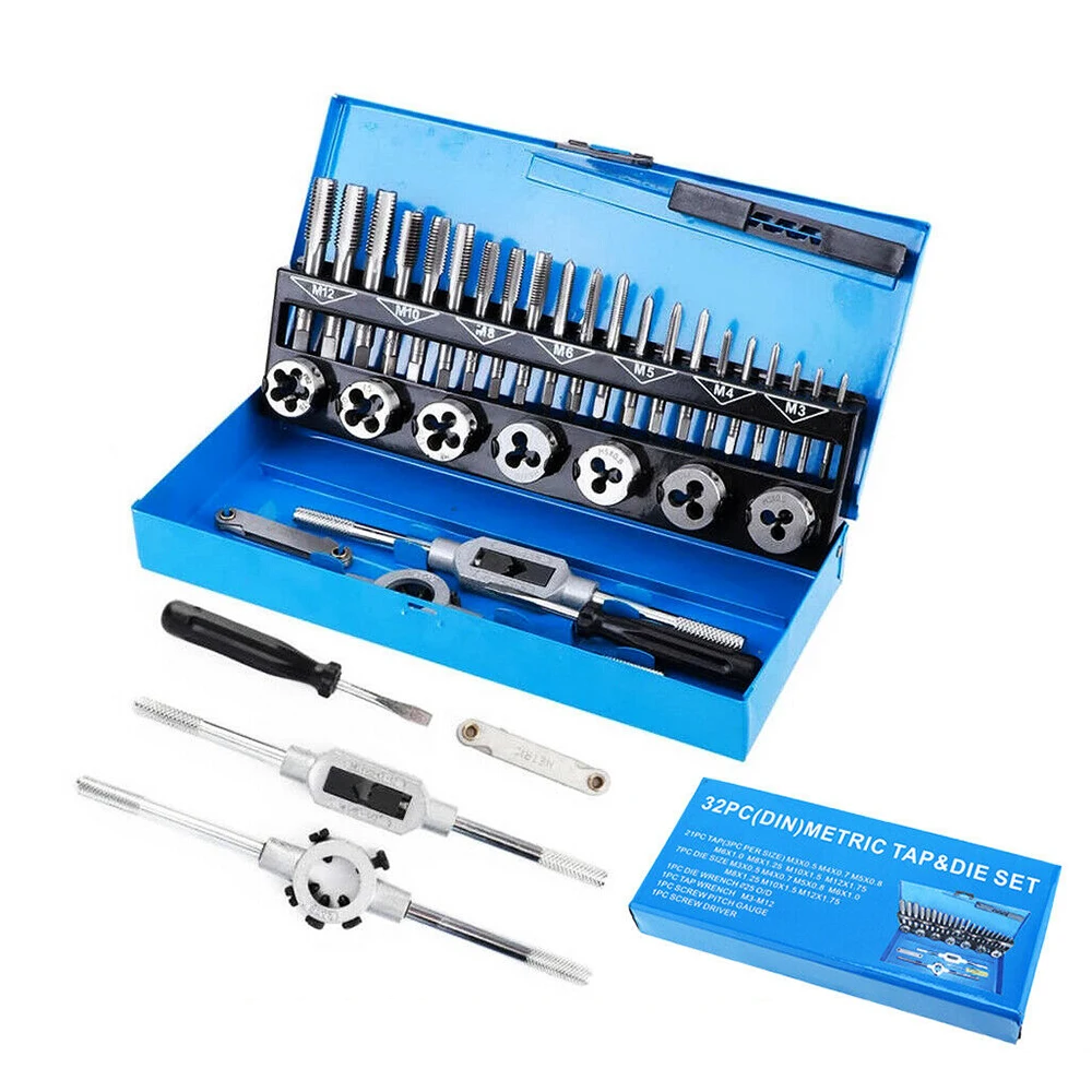 

32pcs Tap Die Set Metric Wrench Cut M3-M12 Steel Hand Threading Tool Bolts Engineer Kit with Storage Case