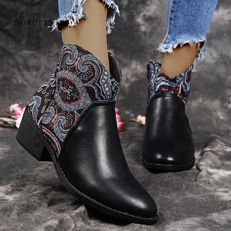 

Women Ankle Boots Retro Braided Boots Women Rope Embossing Pu Leather Splicing Med-heeled Boots Ladies Shoes Women Botines Mujer