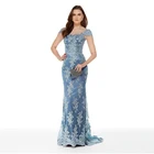 Новейшее Элегантное синее кружевное платье-Русалка с рукавом-крылышком для матери платье для матери жениха с глубоким вырезом и аппликацией на спине
