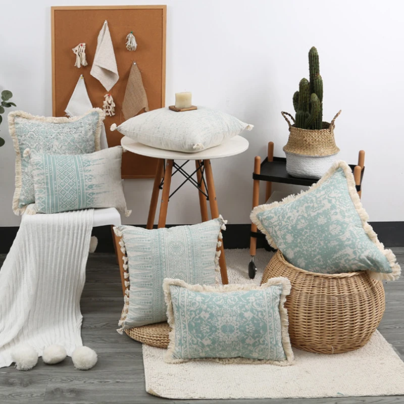 

Green Vintage Pillow Case 45x45cm 30x45cm Cushion Cover Cotton Linen With Tassles for Home decoration Pillowcase Living Room