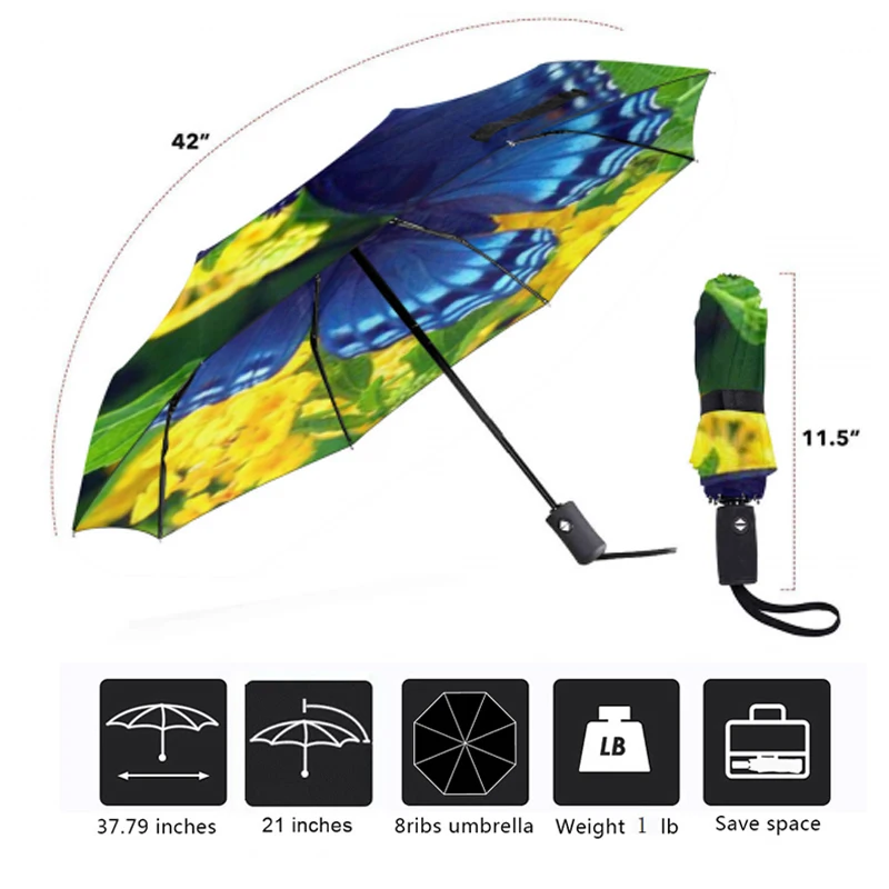 Полностью автоматический зонт с принтом бабочки трехскладной от солнца и для