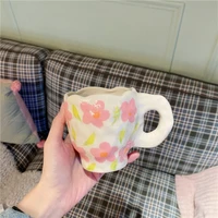 retro mug relief coffee cup pure handmade ceramic mug red flowers irregular milk cup breakfast gift for new friends