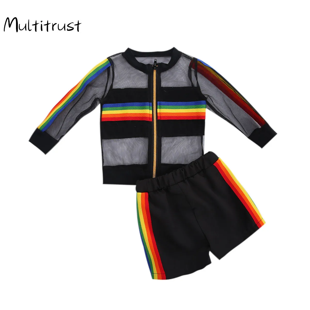 2020 детская одежда для девочек костюм с шортами в полоску прозрачный радужным