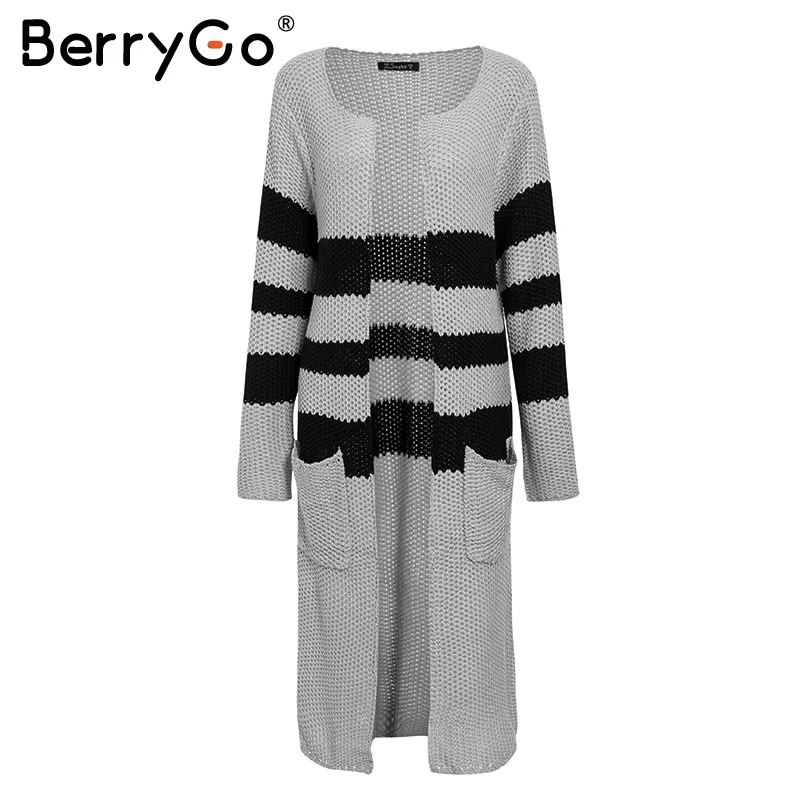 BerryGo винтажный полосатый вязаный кардиган для женщин 2019 осень зима длинный