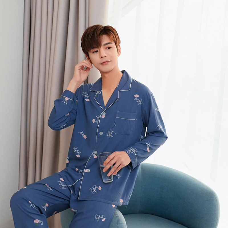 Осенне-зимняя пижама из 100% хлопка для мужчин спальная одежда отдыха пижамы синее