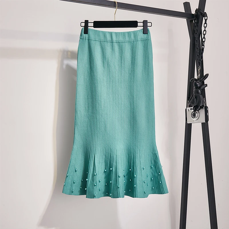 Женская юбка мода Вязание Русалочка жемчуг зима Юбка карандаш шерсть Большая