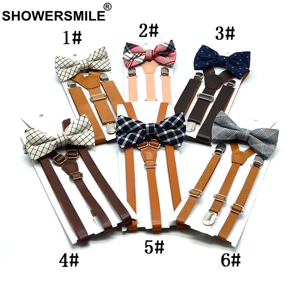 Мужские и женские кожаные подтяжки Shower Smile цвета хаки с галстуком бабочкой