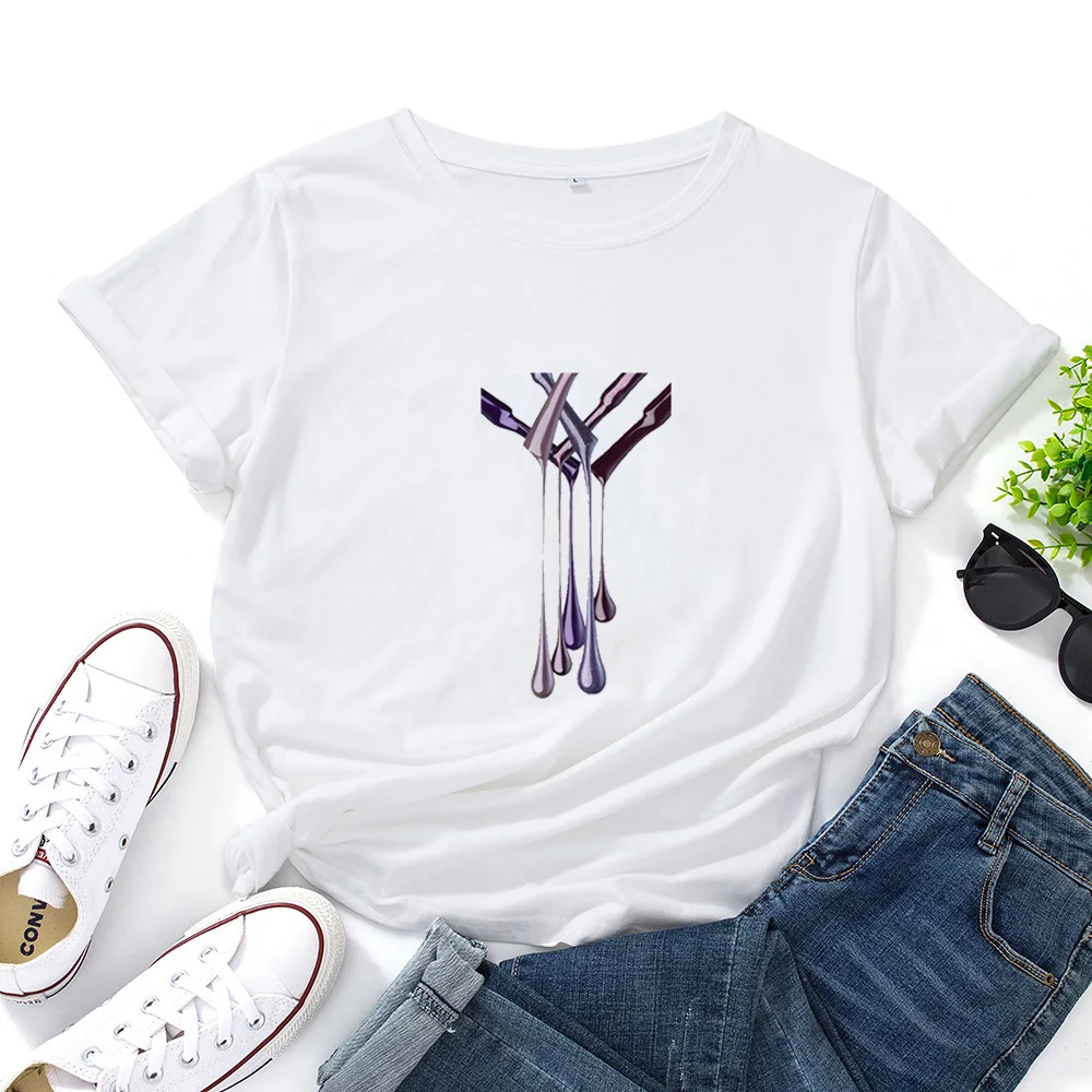 Dripping Nail Polish T-shirt Women O-neck Casual Cotton Short-sleeved T Shirt Women Fashion Simple Personality Tshirt Women