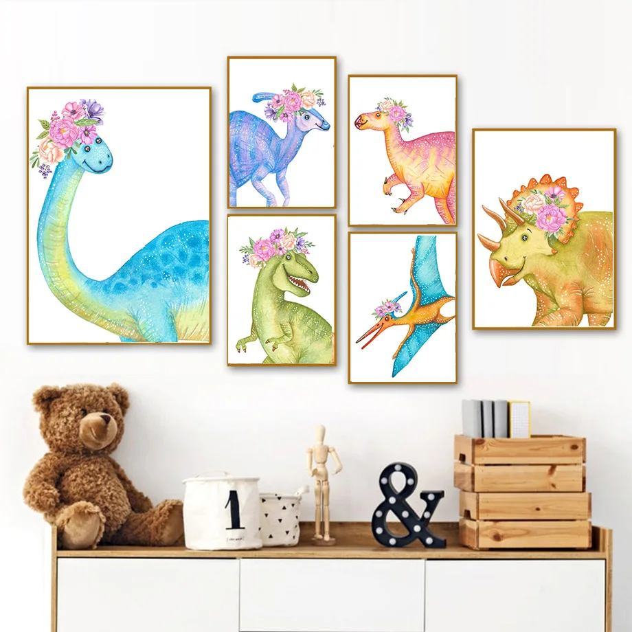 

Flower Leaf Watercolor Dinosaur Cartoon Nursery Wall Art Canvas Painting Nordic Posters And Prints Wall Pictures Kids Room Decor