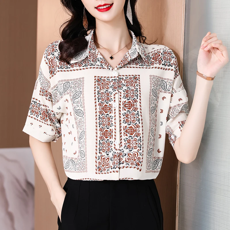 

Vintage Printed Fashion Women Blouses Summer Women Short Sleeve Shirts Print Blouse Women Ladies Polo Collar Loose Femme Top