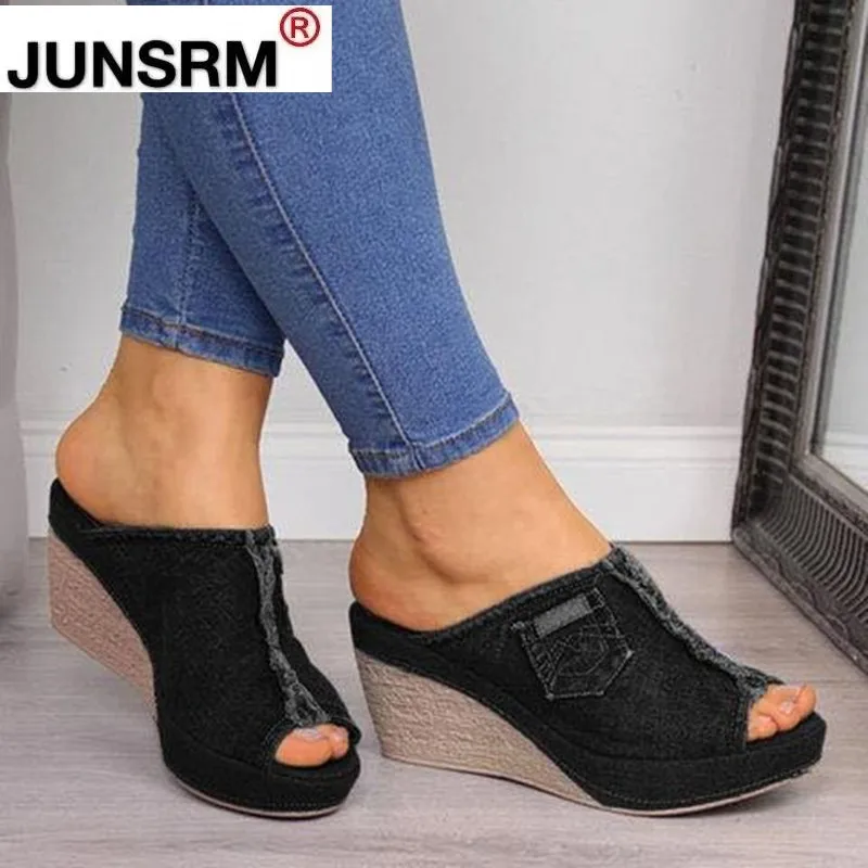 

2021 Summer Ladies Sandale Shoes Denim Slippers High Heel Wedges Heel Ladies Girls Modern slippers Women Platform Slides Shoes