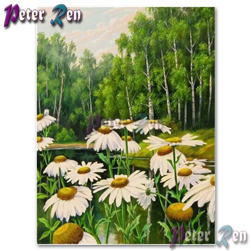 

5d Landscape Diamond Painting Embroidery Daisies by the pond DIY Square or round Mosaic Cross stitch Rhinestone Home Decoration