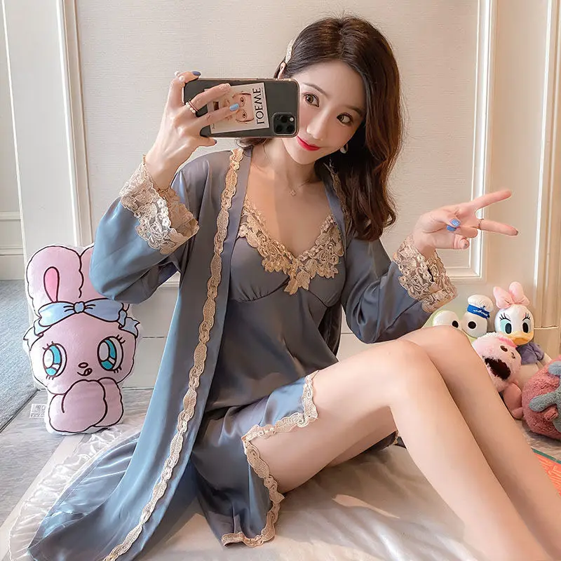 2021 Summer New Long Sleeve Robe Women's Sexy Lace Solid Color Suspender Skirt Two Piece Ice Thin Home Clothes Robe Sets