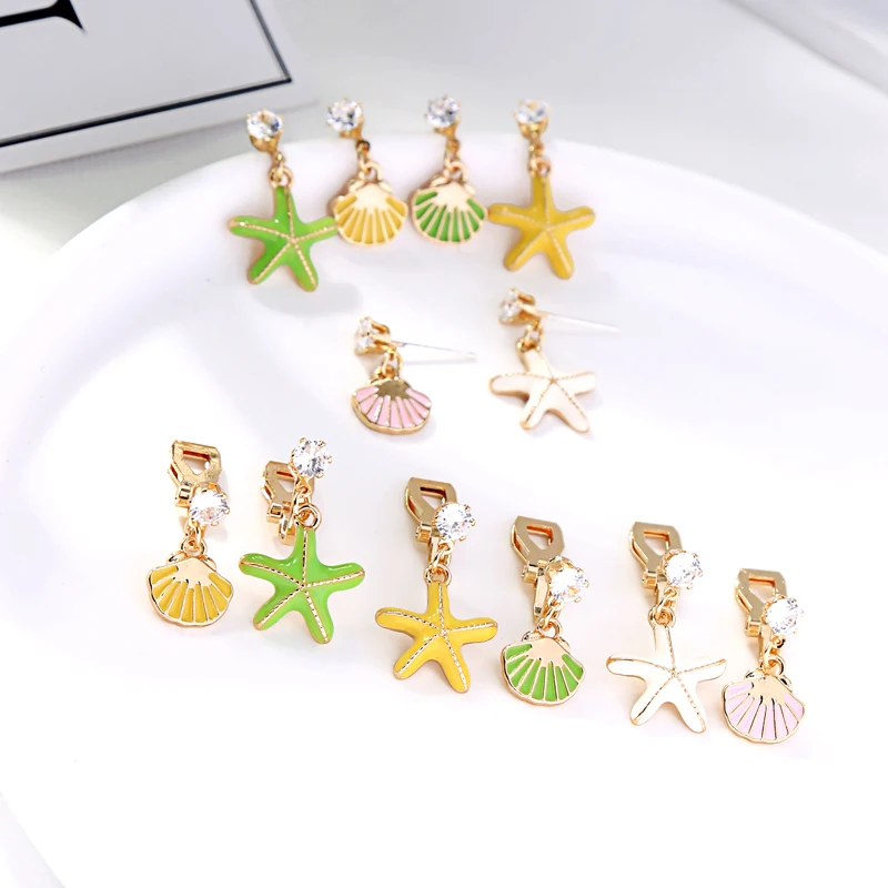 Серьги капельки желтого зеленого розового цвета эмаль ракушка Морская звезда