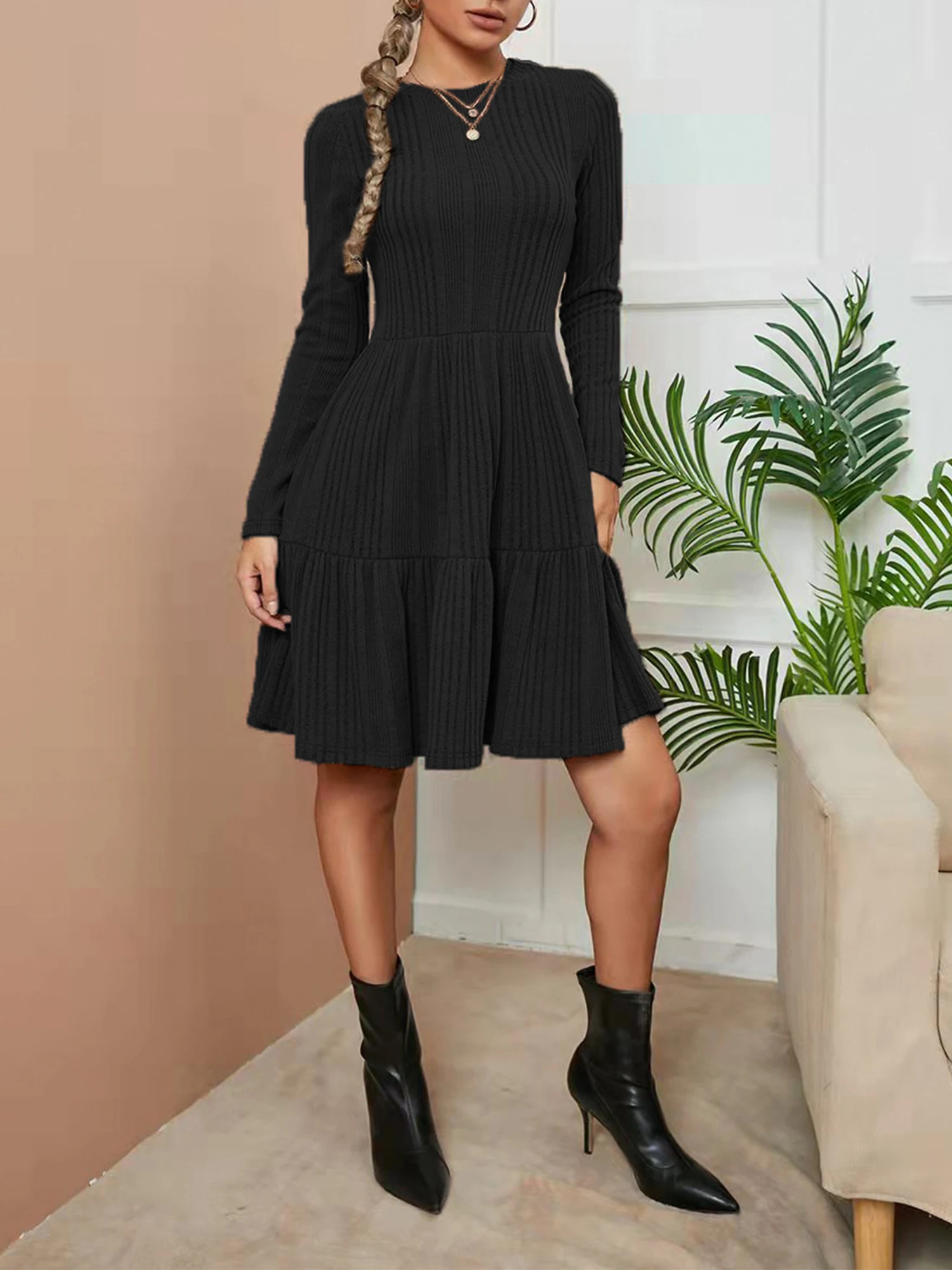 

Solid Color Elegant O-Neck Womens Knitted Dress 2021 Autumn Winter Female A-Line Long Sleeve Comfy Mini Dress Vestidos femininos