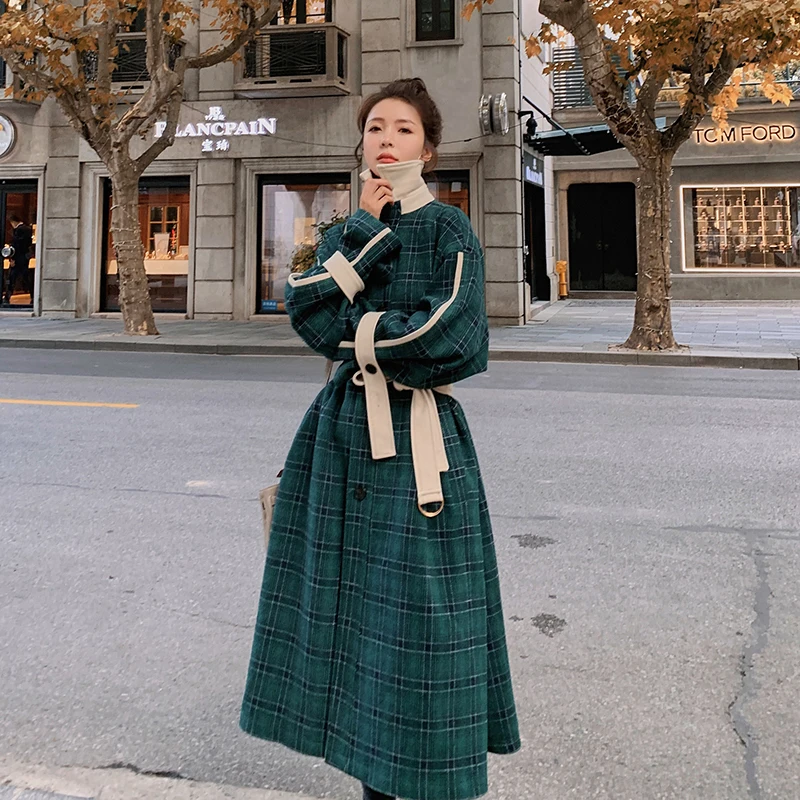 

Однобортное винтажное шерстяное пальто в клетку с поясом для женщин, зимняя одежда, элегантное шикарное свободное повседневное длинное пал...