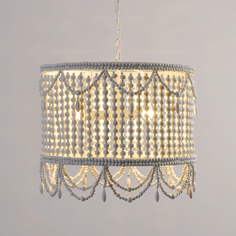 Европейская белая люстра цилиндрическая Скандинавская деревянная Французский