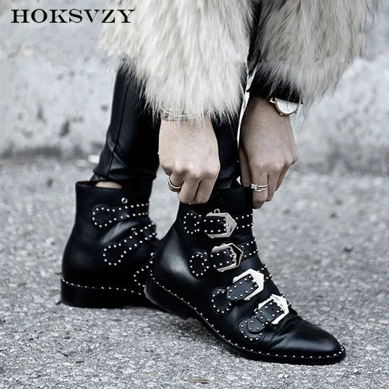 HOKSZVY/черные кожаные ботильоны с шипами Женские ботинки на низком каблуке пряжкой