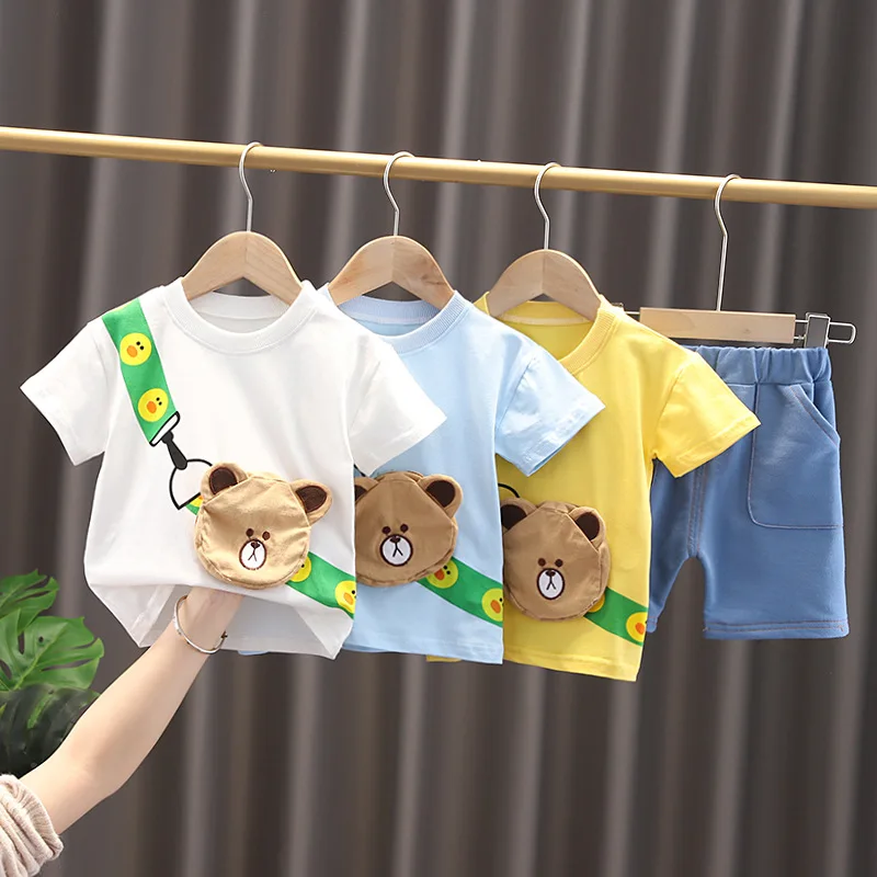 

0-5 Years Summer Toddler Girls Boys Cute Clothing Set 2021 New Fashion Cotton T-shirt with Cartoon Bag+Denim Shorts Kids Clothes